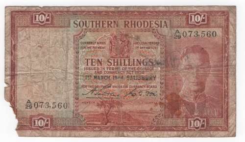 1944 Southern Rhodesia Ten Shillings Bank Note
