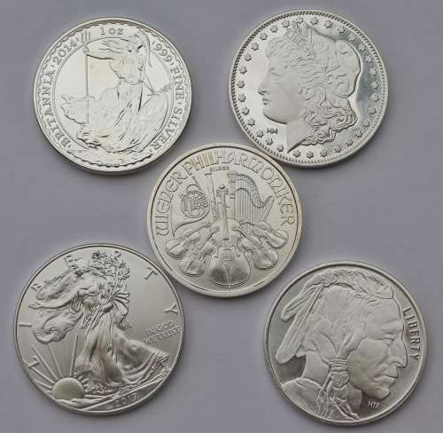 x5 Various 1oz Fine Silver Rounds **Bid per Coin to take All**