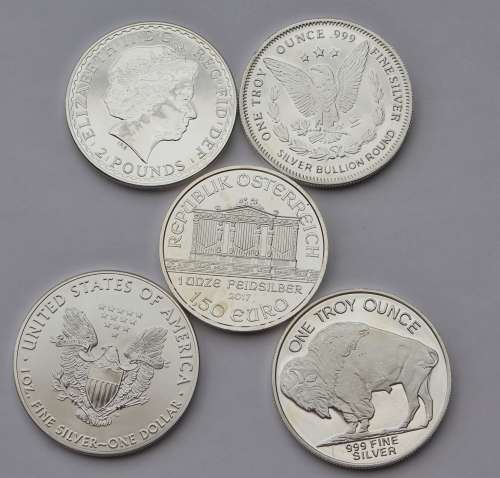 x5 Various 1oz Fine Silver Rounds **Bid per Coin to take All**