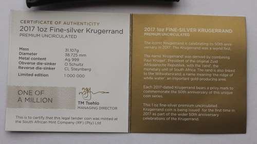 2017  Mintmarked Silver Krugerrand *Premium Uncirculated* in SA Mint Pouch with COA