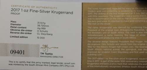 2017 Proof Mintmarked 1oz Silver Krugerrand in SA Mint Box with COA