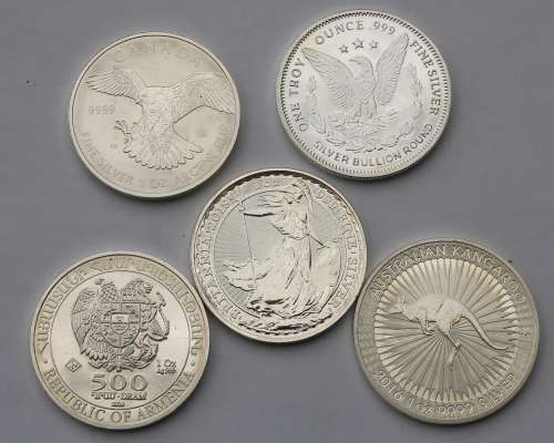 x5 Various 1oz Fine Silver Coins **Bid per Coin to Take All**