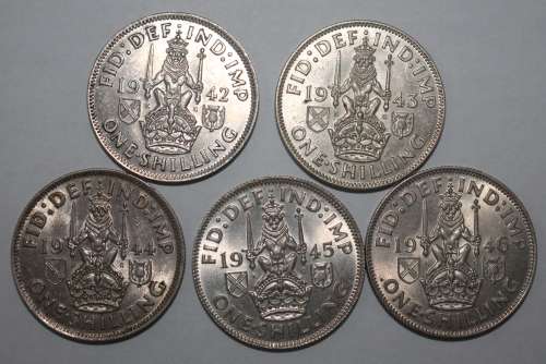 x5 Scottish One Shilling Silver Coins (Consecutive Years 1942 to 1946) Bid per coin to take all