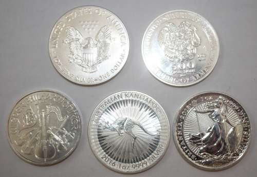 x5 Various 1oz Fine Silver Coins **Bid per Coin to Take All**