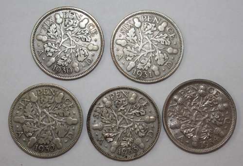 x5 British Silver Sixpence Coins (1930 to 1934) Bid per Coin to take All