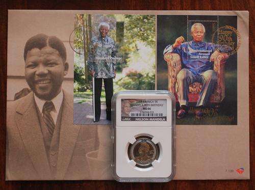 Nelson Mandela 90th Birthday FDC and 2008 R5 90th Birthday NGC MS66