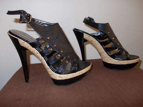 R100 Sale- Stylish Black and Wooden Heels ( Size 4 )