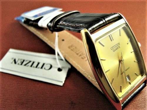 CITIZEN GENTS GOLD DATE WATCH WITH LEATHER STRAP