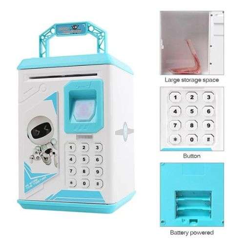 Kids ATM Password Finger Print Piggy Bank - Light Blue - Robot Bodyguard