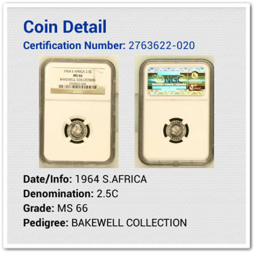 ** 1964 **  2 1/2 CENT   MS66 " BAKEWELL COLLECTION" !! STARTING @ R1