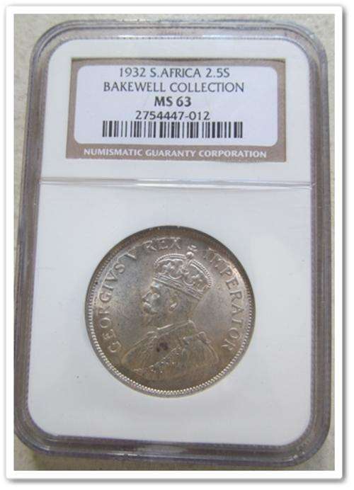 ** REAL SCARCE IN MS ** 1932 2.5 SHILLING MS63 !! EX - BAKEWELL COLLECTION !! STARTING @ R1