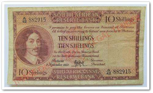 ** GREAT ** 1951 M.H. DE KOCK 10 SHILLING NOTE !! STARTING @ R1