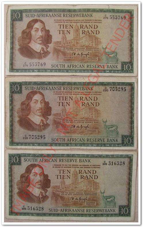 TEN RAND BANK NOTE - T W DE JONGH ** X3 NOTES ** ONE LOT !! STARTIG @ R1
