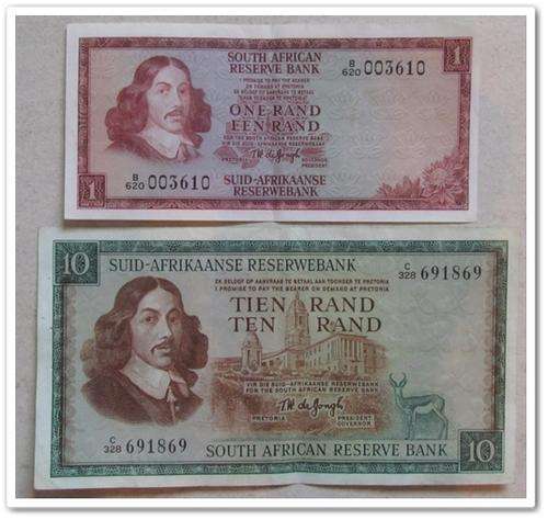 ** GREAT ** TEN RAND AND ONE RAND BANK NOTE - TW DE JONGH !! (X2)-ONE LOT !! STARTING @ R1