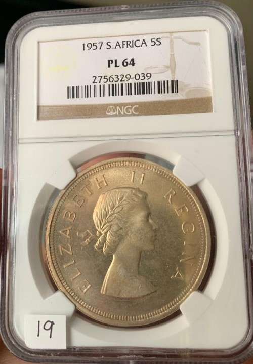 ** LOW MINTAGE ** 1957 5 SHILLING PL64 NGC !! STARTING @ R1