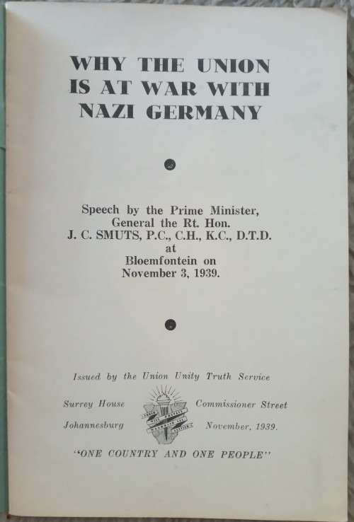 General Smuts` Speech at Bloemfontein - November 3, 1939