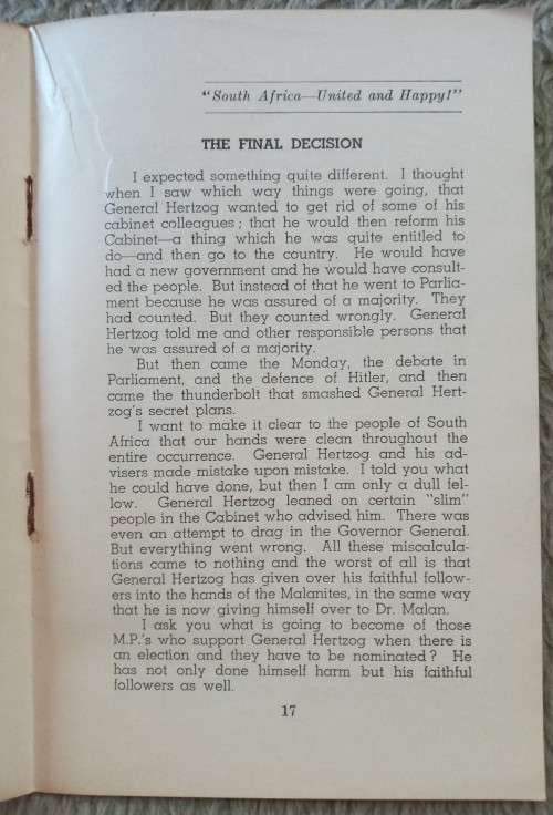 General Smuts` Speech at Bloemfontein - November 3, 1939