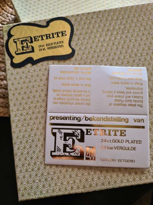 Boxed Eetrite Set of Six 24 Carat Gold Plated Stainless Steel Cake Forks Porcelain Inset