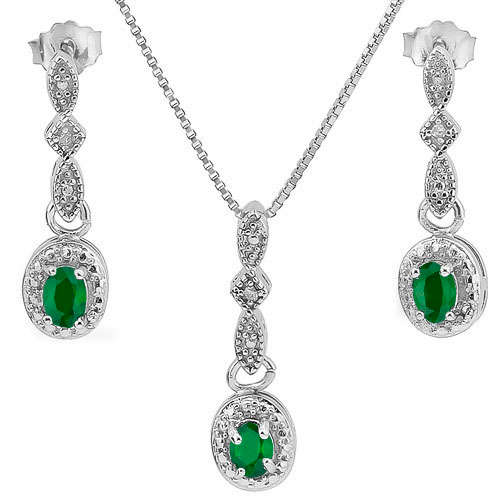 0.55ct Emerald and Diamond, Earring and Pendant Set in 925 Sterling Silver