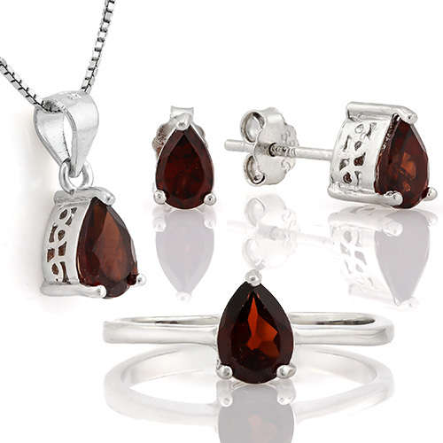 2.6ctw Garnet Earrings, Ring and Pendant Set in 925 Sterling Silver- Size 8