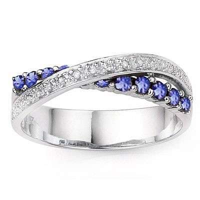 0.46ct Tanzanite and Diamond Wedding Band in 925 Sterling Silver- Size 7