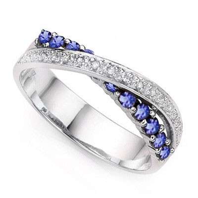0.46ct Tanzanite and Diamond Wedding Band in 925 Sterling Silver- Size 7