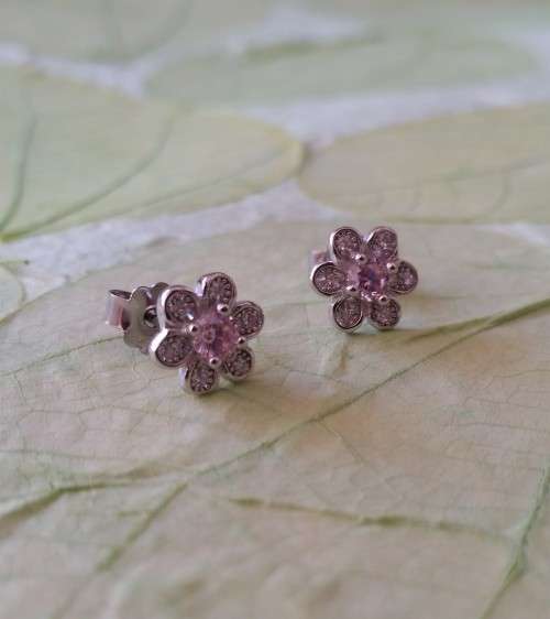 *Genuine Sterling Silver*Light Baby Pink CZ Flower Stud Earrings