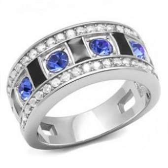 Blue and Clear Top Grade Crystal Stainless Steel Wedding Band- Size 7/8