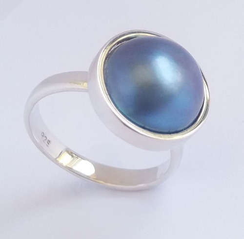 ***CD DESIGNER JEWELRY**925 Sterling Silver**12.75mm Authentic Blue Mabe Dress Ring**Size Q