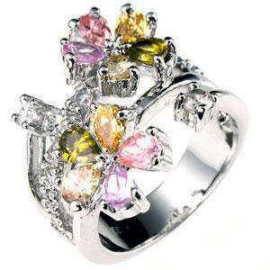 Multi Colour Cubic Zirconia Floral Ring- Size 6