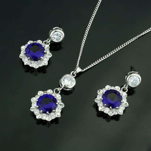 Blue and Clear CZ Pendant and Earring set with Chain