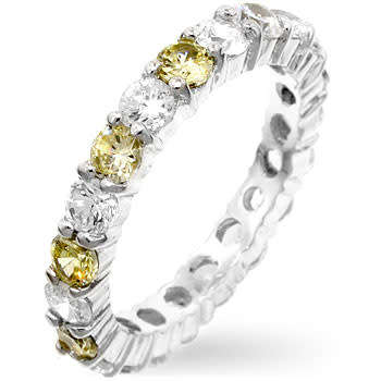 Citrine Yellow and Clear CZ Eternity Wedding Band in 925 Sterling Silver- Size 6-10