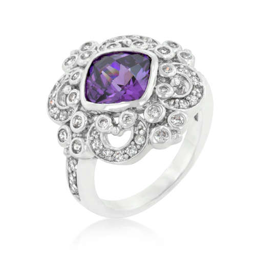Simulated Amethyst and Cubic Zirconia Filigree Dress Ring- Size 6-10