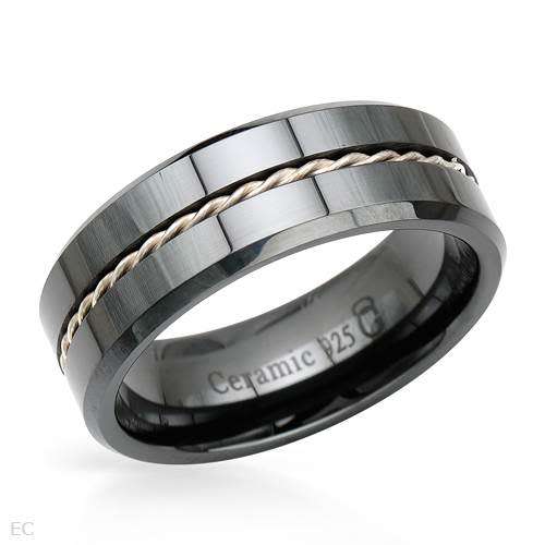 Black Sterling Silver and Ceramic Wedding Band**Size 8**
