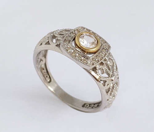 Natural Diamond and Cubic Zirconia Engagement Ring in 9ct Yellow Gold and Sterling Silver