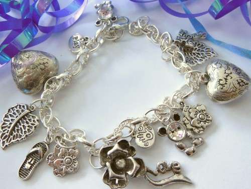 Silvertone Charm Bracelet with Heart, Shoe and Floral Charms