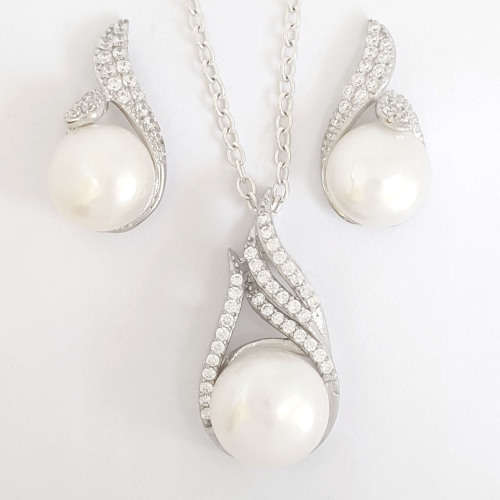 CZ and Pearl Pendant and Earring set in Silver