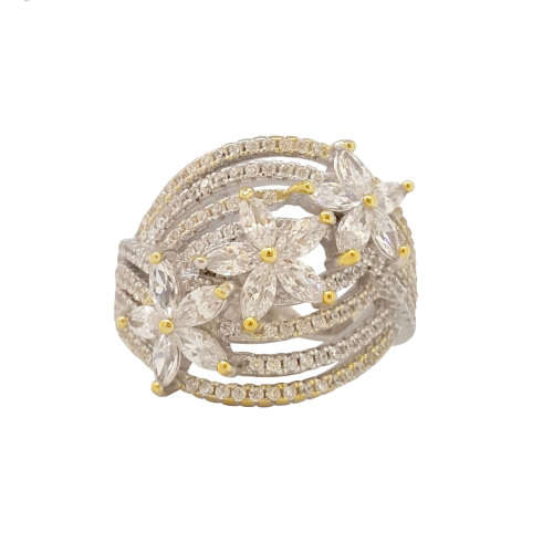 Two-Tone Finish, Flower CZ Ring in 925 Sterling Silver- Size 6