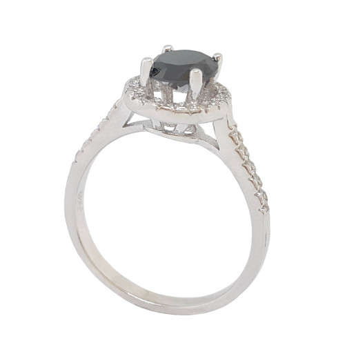 1.25ct Black CZ with Halo CZ Engagement Ring in 925 Sterling Silver- Size 9.25