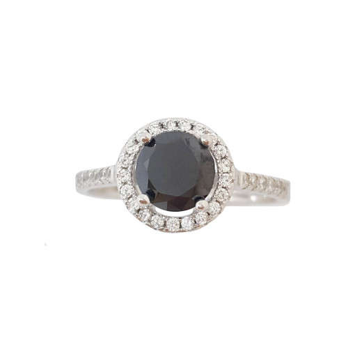 1.25ct Black CZ with Halo CZ Engagement Ring in 925 Sterling Silver- Size 9.25