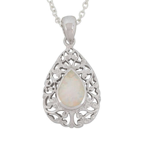 Genuine Pear Opal Filligree Design Pendant in 925 Sterling Silver