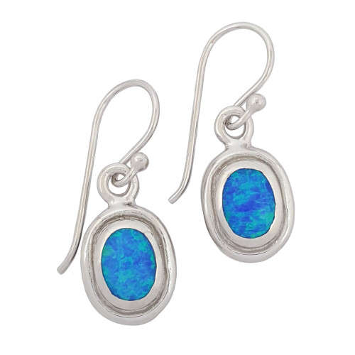 Blue Oval Shape Crushed Opal Drop Earrings in 925 Sterling Silver