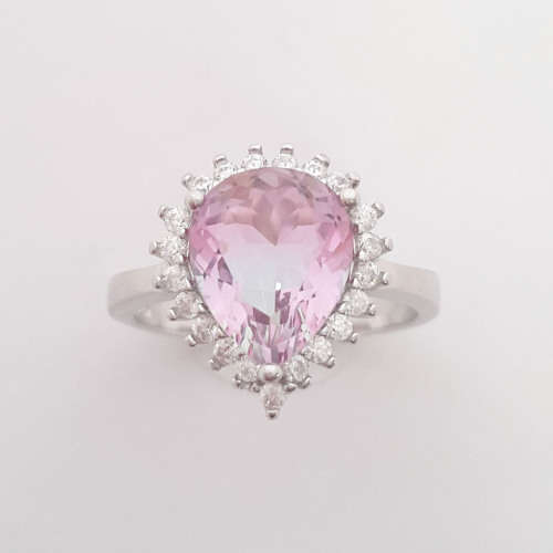 Sterling silver Pink Pear CZ Halo Ring - Size 7/ 9