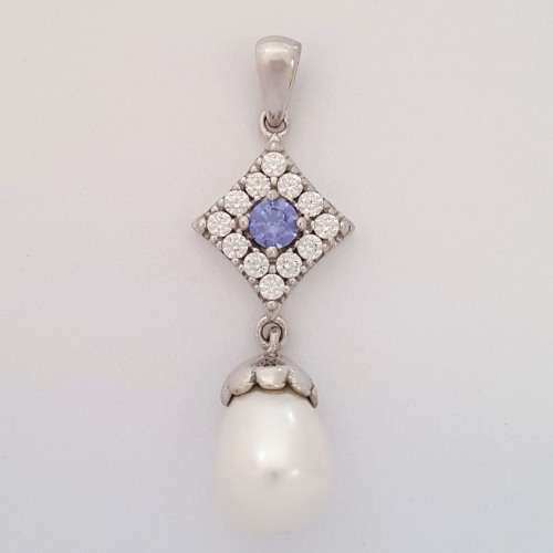 Pearl and Tanzanite CZ Pendant in 925 Sterling Silver
