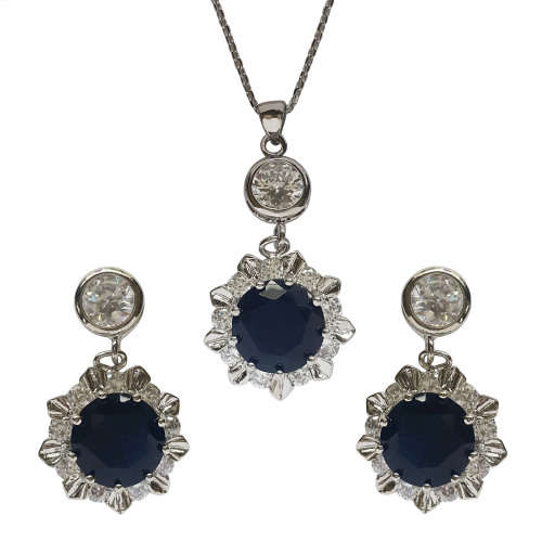 Blue and Clear CZ Pendant and Earring set with Chain