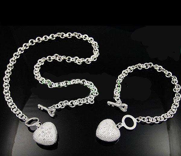 *Necklace and Bracelet Set**With CZ Encrusted Heart and Key Charms**