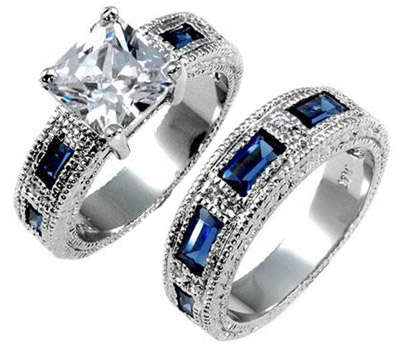 **GORGEOUS** Blue Sapphire Wedding Set**Engagement Ring & Wedding Band**STUNNING**