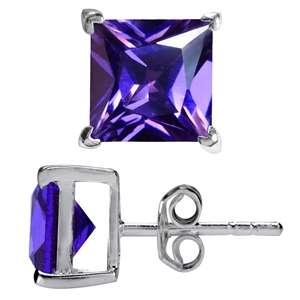 3.92ctw Natural Amethyst Princess cut Stud Earrings in 925 Sterling Silver