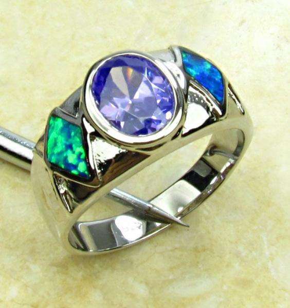 **SOLID STERLING SILVER**Blue Fire Opal Amethyst Dress Ring**Size 7