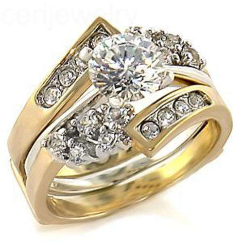 2-piece Cubic Zirconia Wedding Set Clad in Gold- Size 10